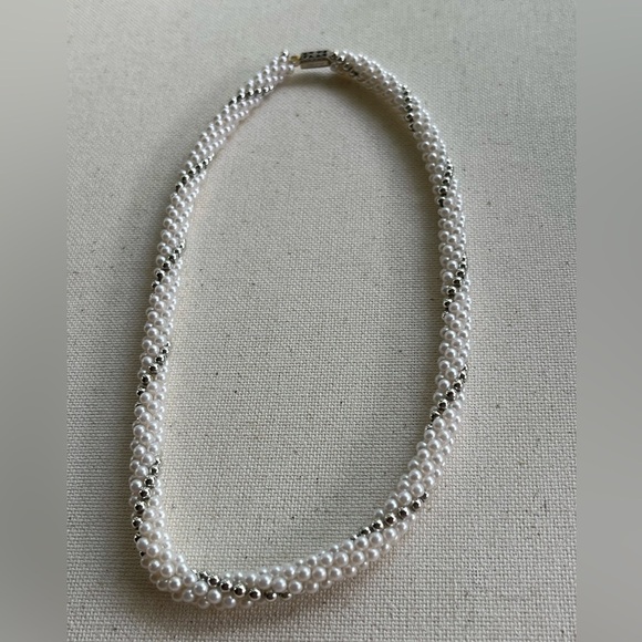 Vintage White & Silver Beaded Twist Necklace – Elegant Braided Design - Picture 1 of 4